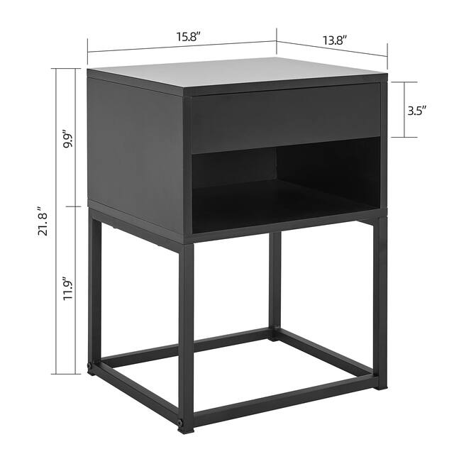 BIKAHOME Simple End Table with Drawer and Shelf for Any Room,Nightstand,Metal Leg Design - Black
