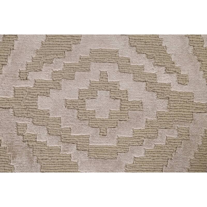 Beige Geometric Nepalese Oriental Area Rug Handmade Wool Carpet - 6'1" x 8'11"