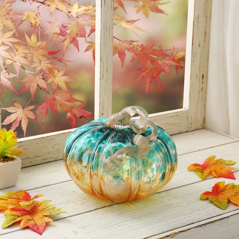 Glitzhome 5.25"D Blue & Gold Glitter Small Glass Pumpkin Halloween Table Decor