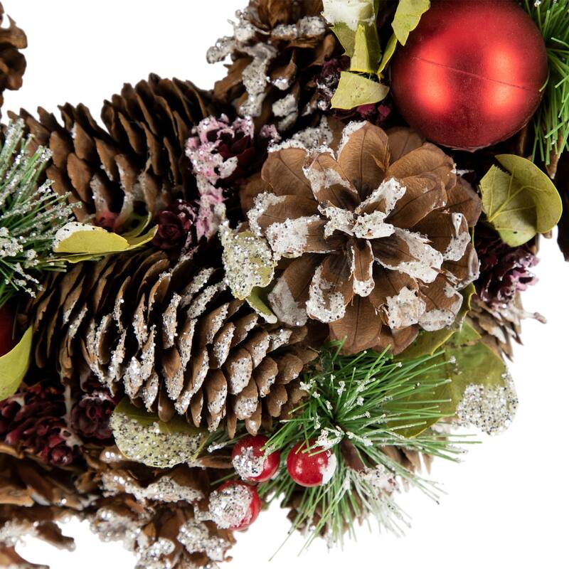 Red Ornament Frosted Glittered Pinecone Pine Needle Wreath 13.5"