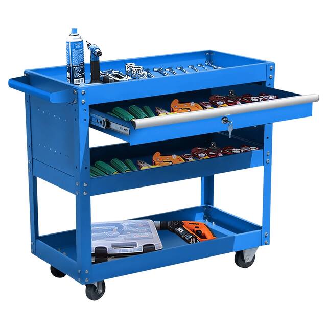 3-Tier Rolling Tool Cart with Drawer Steel Utility Storage Tool Box - Blue