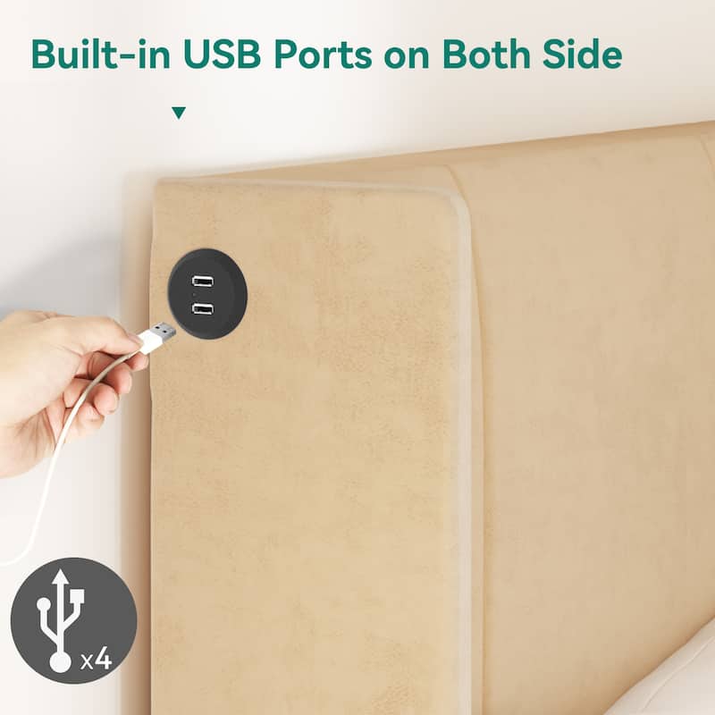 Queen Upholstered Bed Frame with Storage Drawers Headboard Built-in 4 USB Platform Bed