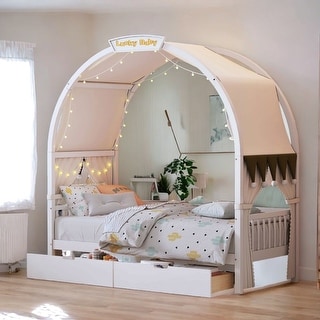 Twin Size Kids Bed /2 Drawers With Arched Roof Light Strip Interactive Whiteboard