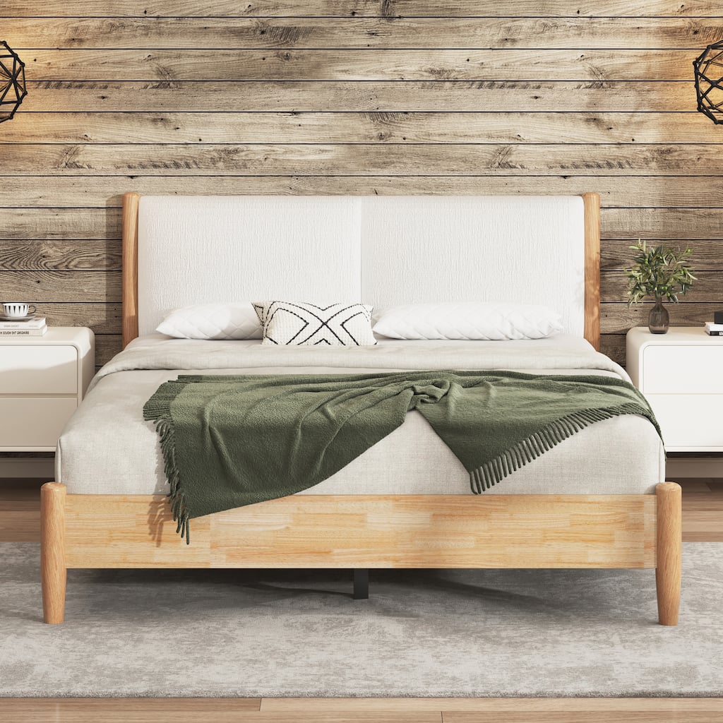 Roomfitters Queen Platform Bed Frame with White Upholstered Headboard, Mid-Century Modern Solid Wood Mattress Base, Natural