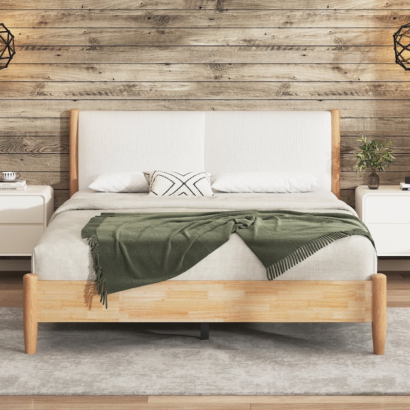 Roomfitters Queen Platform Bed Frame with White Upholstered Headboard, Mid-Century Modern Solid Wood Mattress Base, Natural