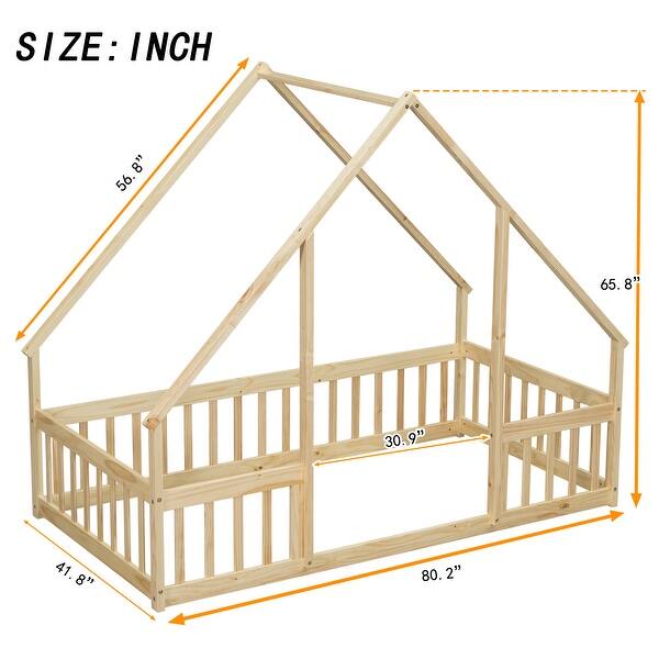 dimension image slide 1 of 3, Nestfair Twin Wood House-Shaped Floor Bed with Fence