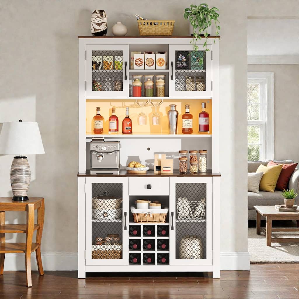 Rustic 70.9" Kitchen Hutch Pantry with LED Lights, AC/USB Outlets, Wine Bottle Rack, Glass Storage and Adjustable Shelves