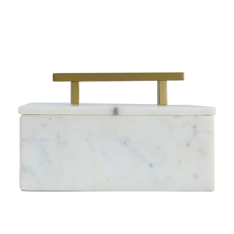 Rectangular Marble Box with Brass Finish Handle - 7" - White