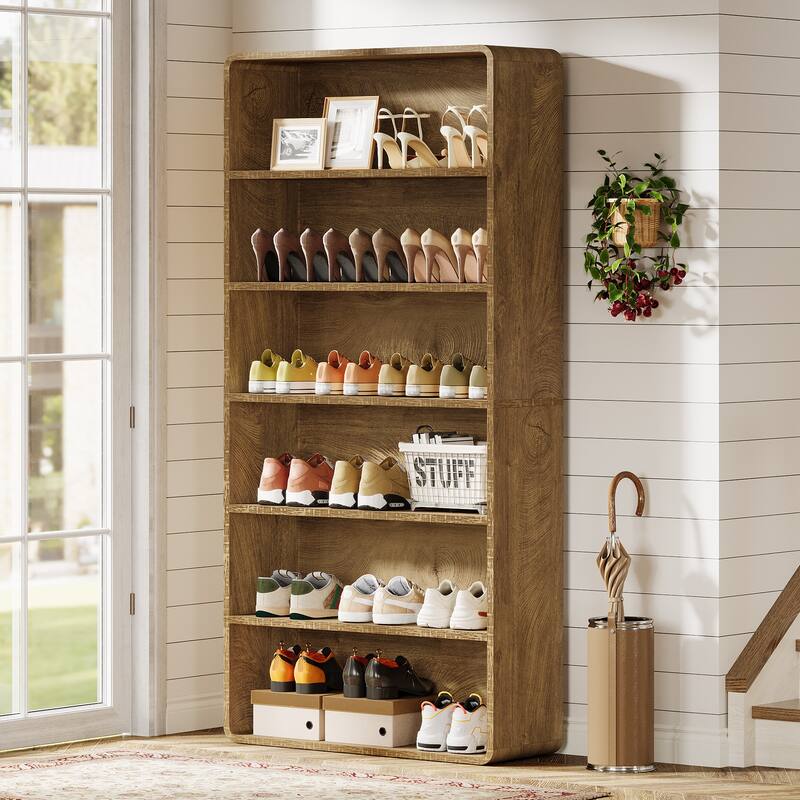 71" Shoe Storage Cabinet, 6-Tier Wooden Vertical Shoe Rack Organizer with Open Shelf for Entryway, Living Room