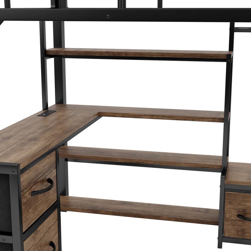 Roomfitters Full/Queen Loft Platform Bed, LED Charging Desk and Wardrobe Shelves with Metal Frame for Bedroom or Guest Room