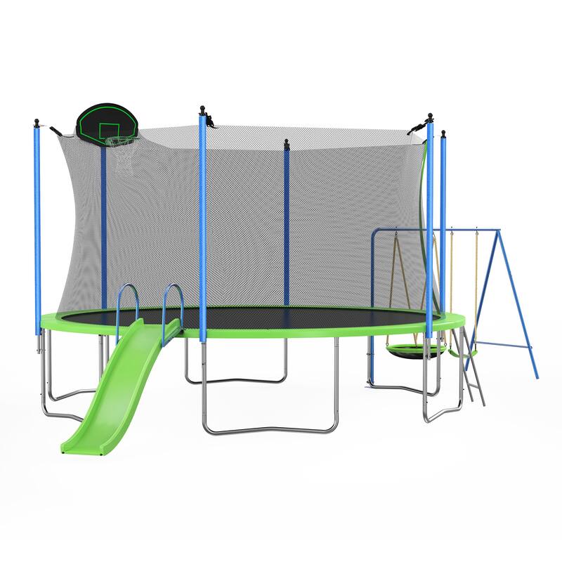 12FT Trampoline with Slide and Swings(Double color cover), Trampoline with Basketball Hoop and Ladder