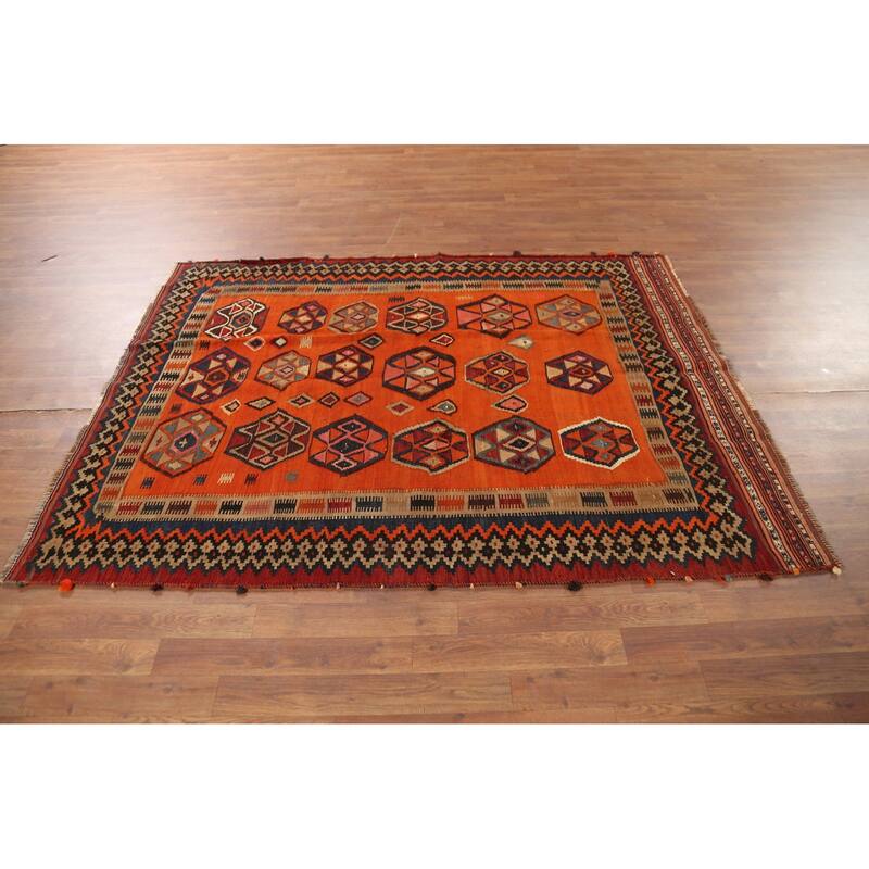 Kilim Qashqai Nomadic Persian Antique Rug Hand-Woven Wool Carpet - 5'0"x 6'7"