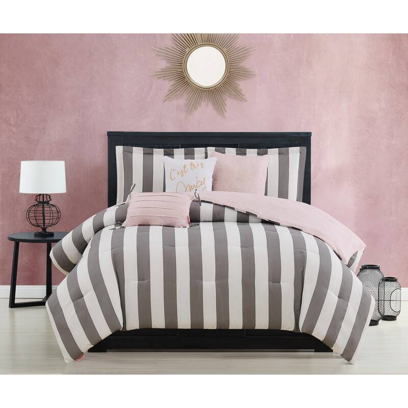 Juicy Reversible Cabana Stripe Bedding Set - Grey/White - Queen