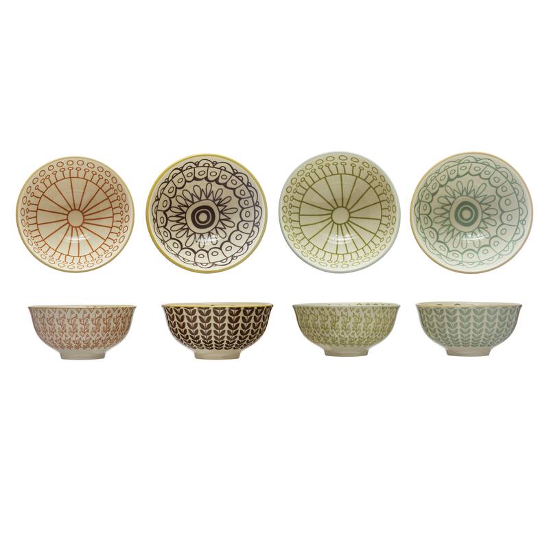 Stoneware Bowls with Painted Patterns - 4.6"L x 4.6"W x 2.3"H - 4 Piece - 4.6"L x 4.6"W x 2.3"H - Multi-Color