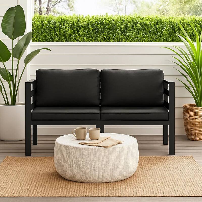 Shina 2pc Modular Outdoor Sofa Set, Black Aluminum, Polyester Fabric