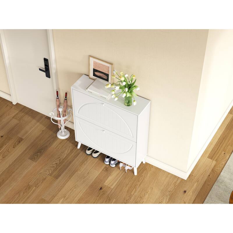 Tipping Bucket Shoe Cabinet, Freestanding Slim Narrow Shoe Rack, Shoe Storage Cabinet with Carved Doors & Solid Wood Legs