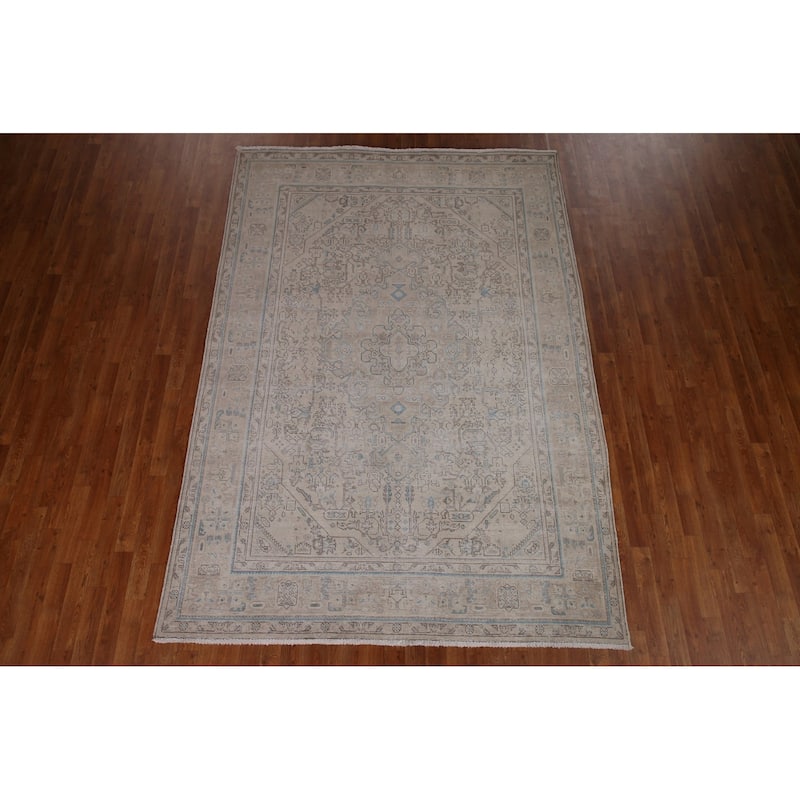 Distressed Muted Tabriz Persian Rug Handmade Vintage Wool Carpet - 6'5" x 9'3"
