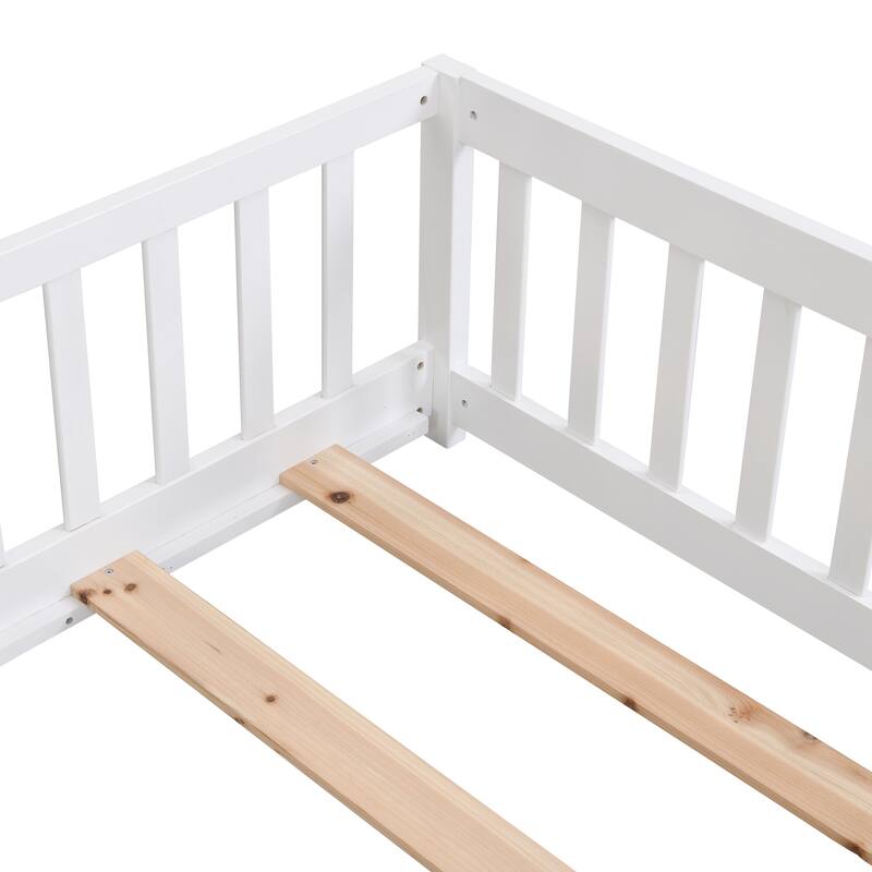 Full Size Floor Bed with Door, Solid Wood Platform Bed Frame with Fence, Suitable for Children, Pine Wood