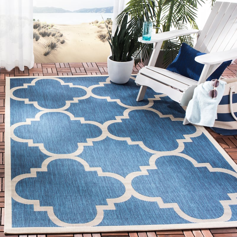 SAFAVIEH Courtyard Maryanne Indoor/ Outdoor Waterproof Patio Backyard Rug - 4' x 5'7" - Navy/Beige