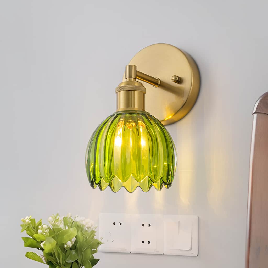 Starsky 1-Light Vintage Tulip-Inspired Floral Wall Sconce with Green or Amber Glass Shade for Bedroom, Hallway, Entryway