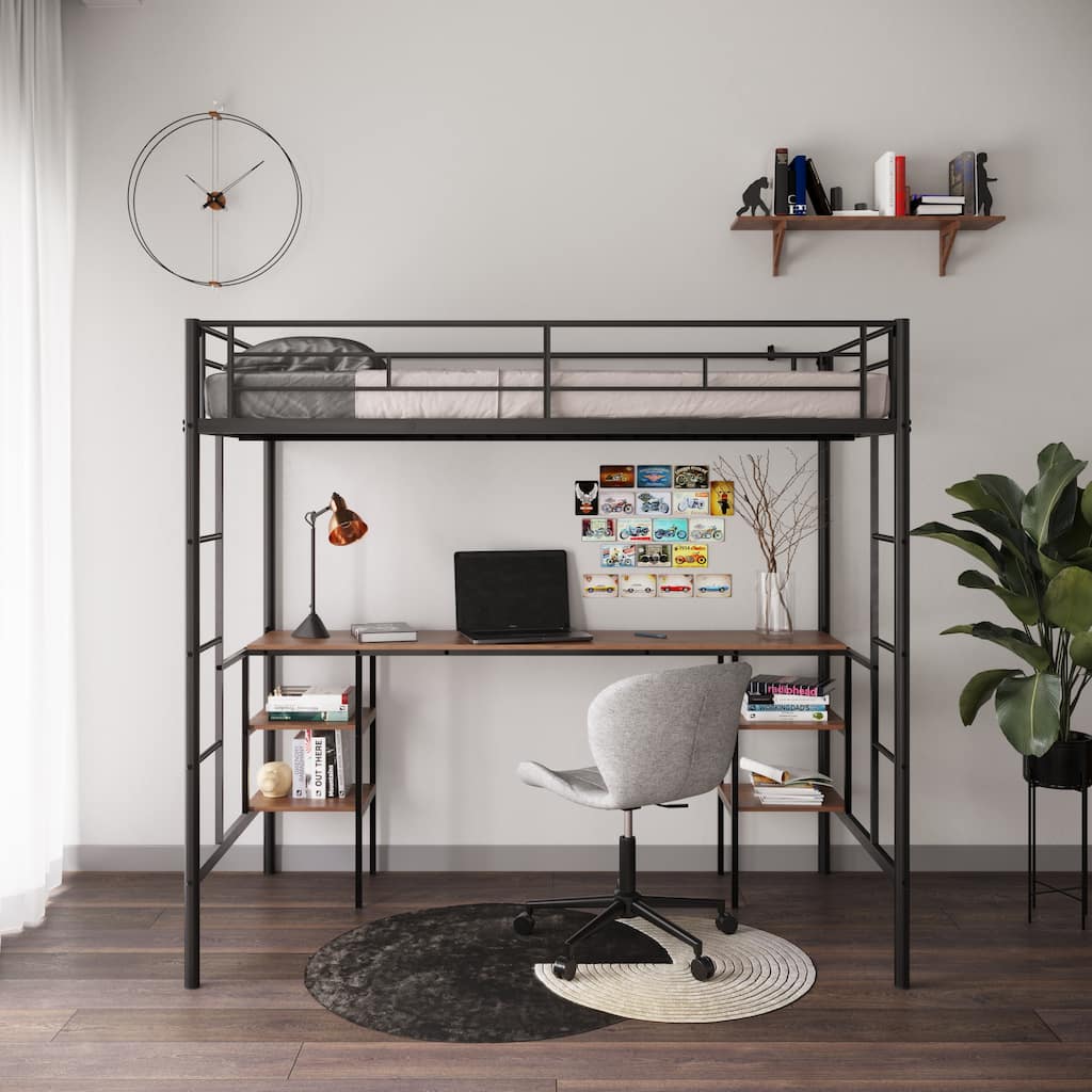 Heavy Duty Metal Loft Bed Frame with Double Ladder, Steel Twin Size Storage Loftbed Frame with Built In Desk and Shelves