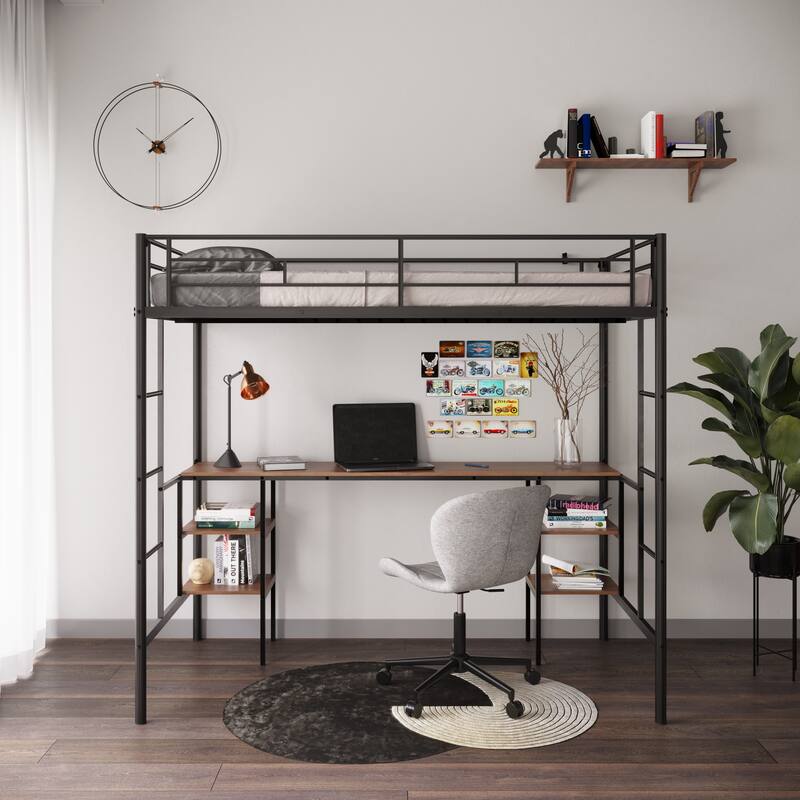 Twin Loft Bed w/ Table & Shelves - Heavy-Duty Metal, Noise Reduced, Safety Guardrail, 2 Ladders, CPC Certified