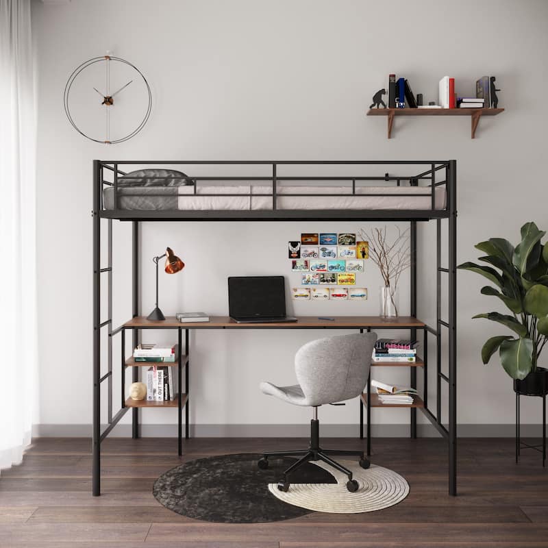 Twin Loft Bed with Built-in Table, Shelves, and Noise-Reducing Features, Heavy-duty Metal Frame, Safety Guardrail, Dual Ladders
