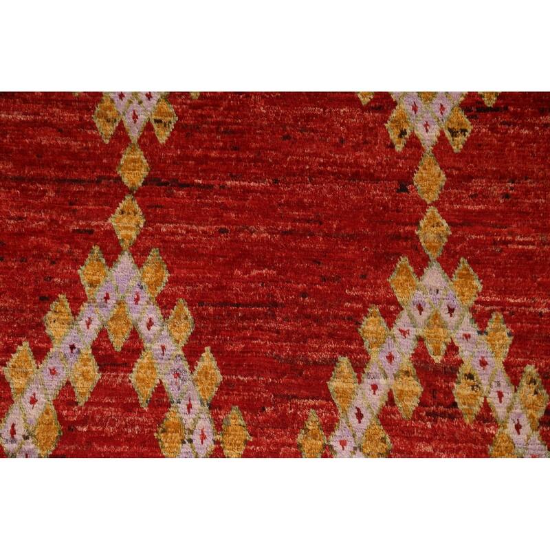 Hand Knotted Oriental 100% Wool Carpet Modern Geometric Red Moroccan Area Rug - 8' 2'' X 5' 5''