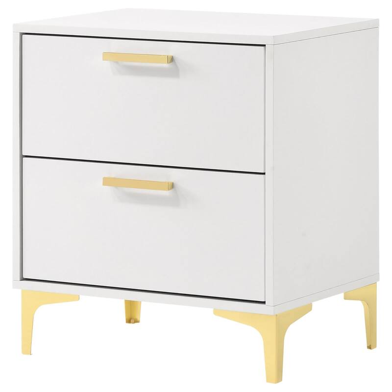 White and Gold 2-Drawer Rectangular Nightstand with Gold Pull Handles