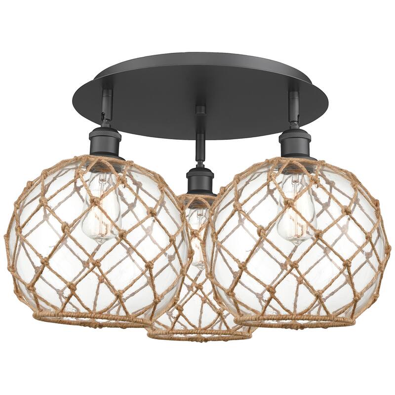 Innovations Lighting 516-3C-14-22 Farmhouse Rope Semi-Flush Farmhouse - Matte Black / Clear Glass with Brown Rope