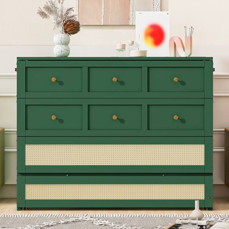 Green Murphy Bed with Drawer, Rattan Patterned Full Size Bed