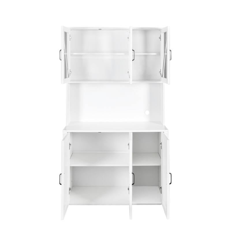 Large Kitchen Pantry Storage Cabinet with Glass Doors and Drawer, Wood Buffet Cupboard with Open Countertop