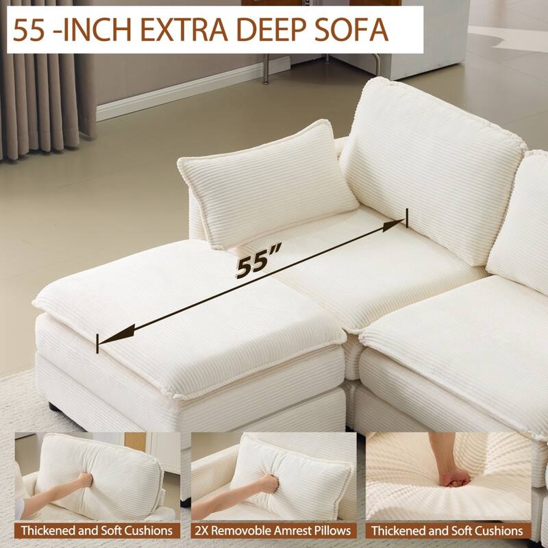 104" Modular 3 Seater Sofa with Ottoman,Beige Chenille Cushions and 2 Throw Pillows