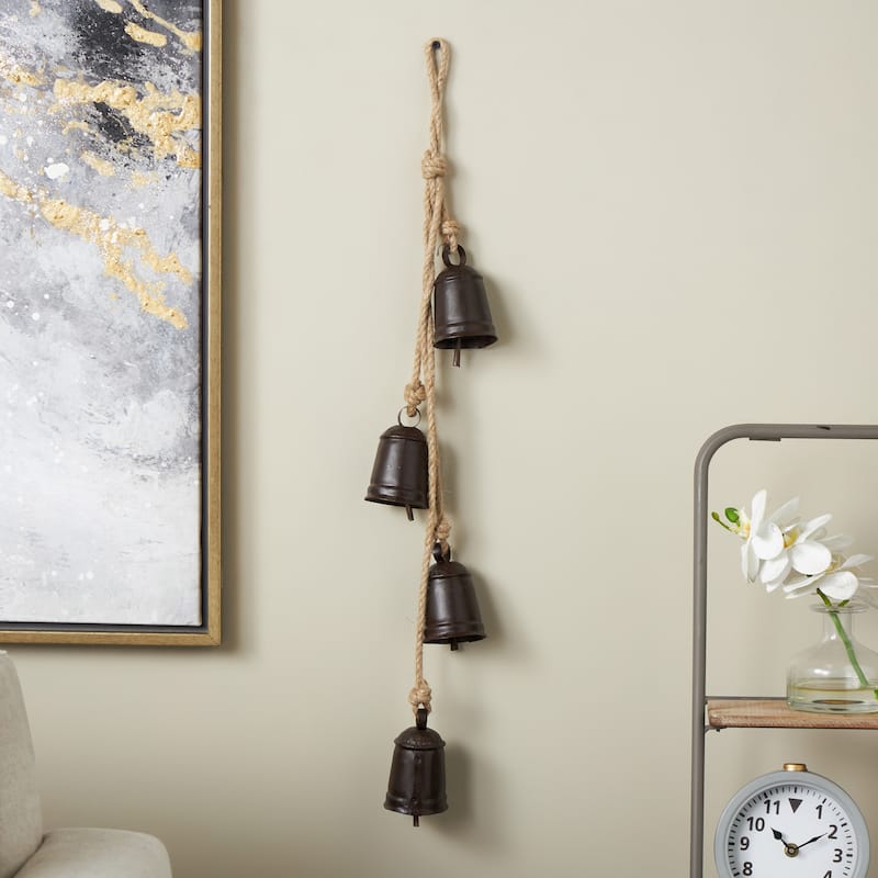 Metal Handmade Cluster Decorative Bells with 4 Bells on Jute Hanging Rope - Gold, Red, White, Black - Roche River Decor