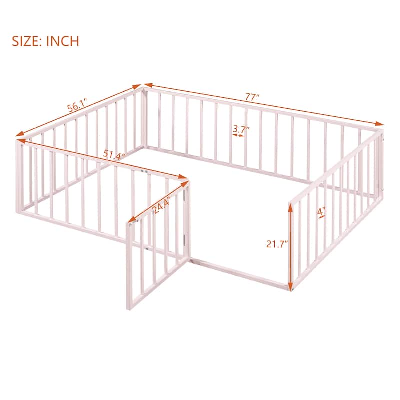 Pink Full Size Metal Floor Bed Frame with Fence and Door for Kids
