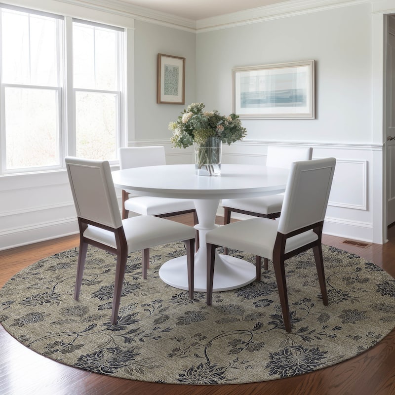 Machine Washable Indoor/ Outdoor Chantille Floral Farmhouse Rug - Brown - 8' x 8'