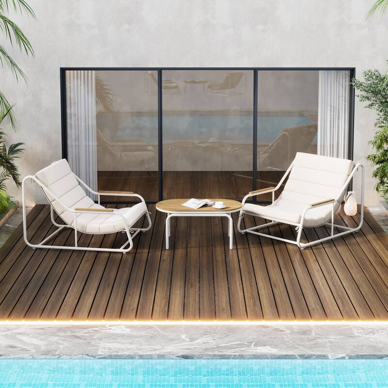 Set of 3 Patio Chaise Lounge Chair with Acacia Side Table