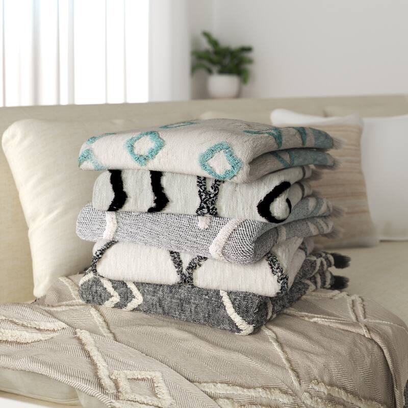 Sevita Crossed Over Charcoal and Ivory Fringed Cotton Standard Size Throw Blanket