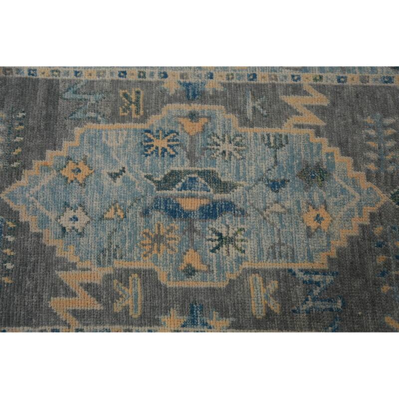 Hand Knotted Oriental 100% Wool Carpet Transitional Geometric Greys & Charcoal Oushak Runner Rug - 15' 0'' X 3' 2''