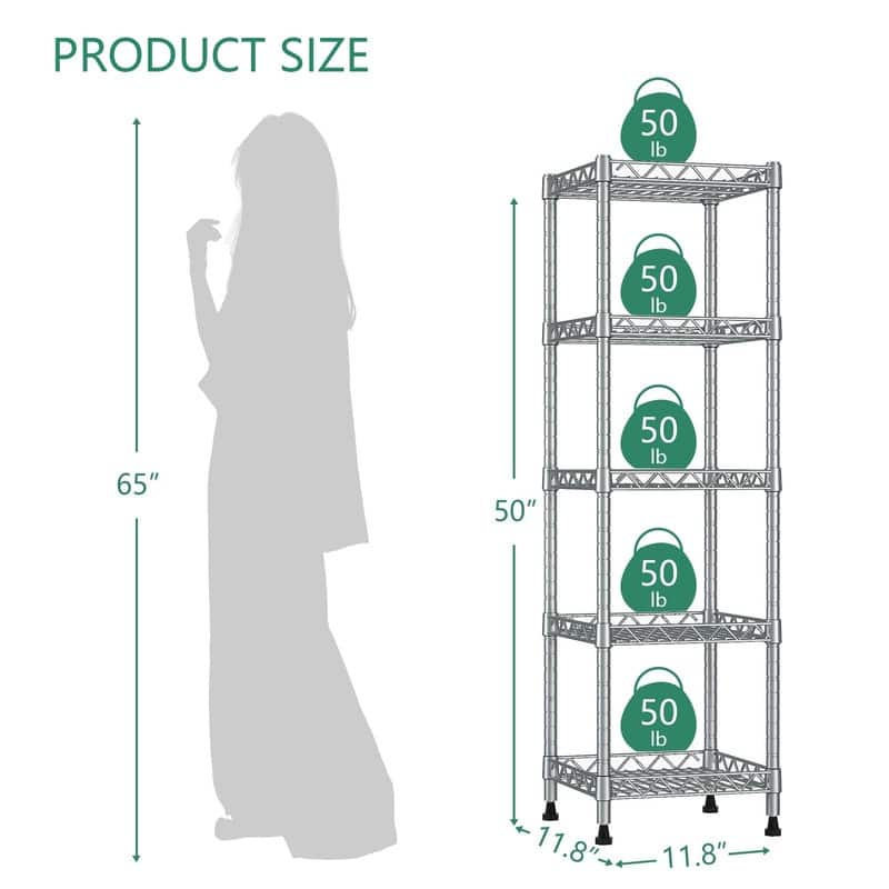 5 Tier Standing Shelving Metal Units - 11.8"D x 11.8"W x 50"H