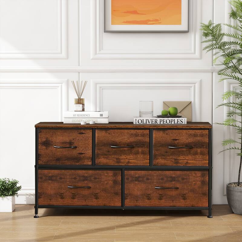 Modern 5-Drawer Chest of Drawers with Fabric Bin, Steel Frame, Wood Top for Bedroom, Entryway - Rust Brown