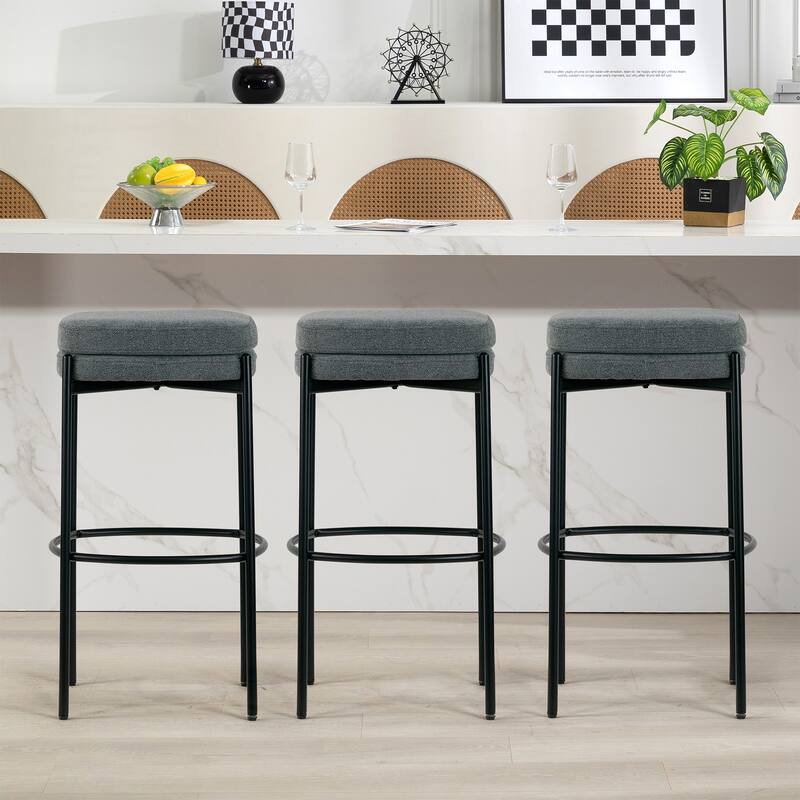 Set of 2 Avril Gray Boucle Backless Bar Stool with Black Metal Legs