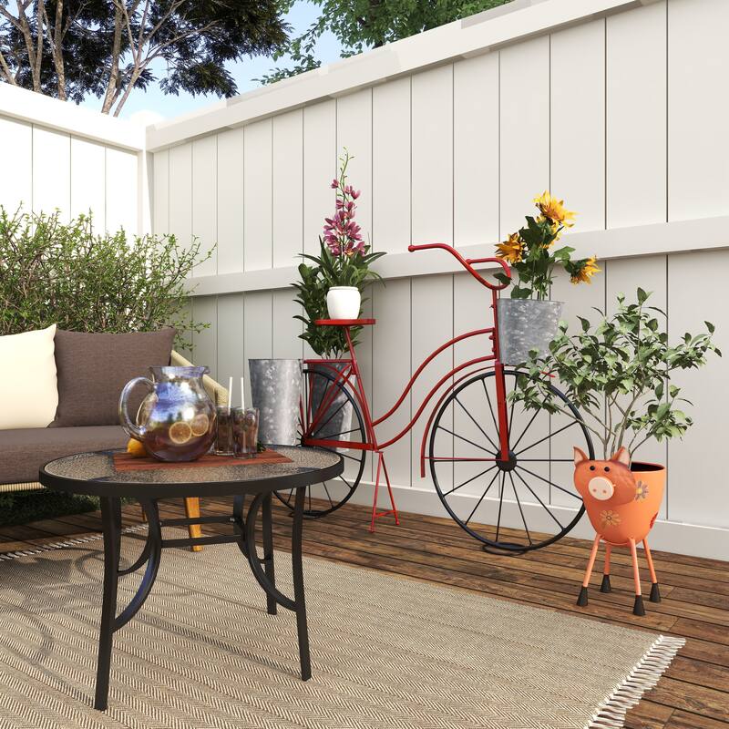 Pink Metal Pig Indoor Outdoor Planter with Floral Accents