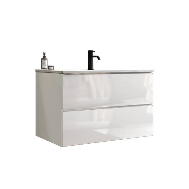 GDFStudio - Tia Wall-Mounted Bathroom Vanity with Ceramic Sink, Soft Close Drawers & U-Shaped Drainage