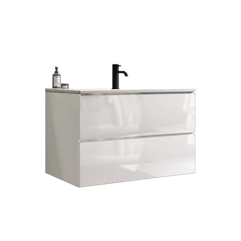 Wall Mount Glossy Bathroom Vanity with Ceramic Sink with Single Hole