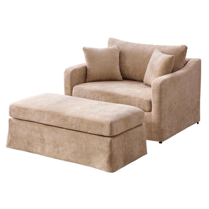 Morden Accent Chair with Ottoman, Chenille Living Room Side Chair, Single Sofa Armchair with Bolster Pillows