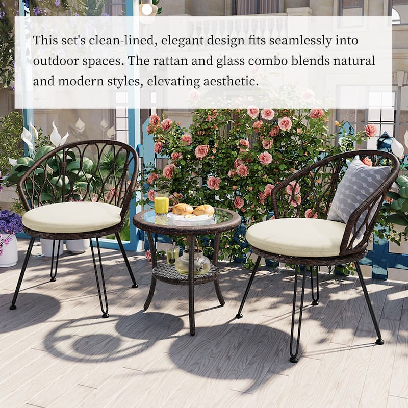 Modern Rattan Outdoor Set with Glass Table & Iron Chairs, Weatherproof