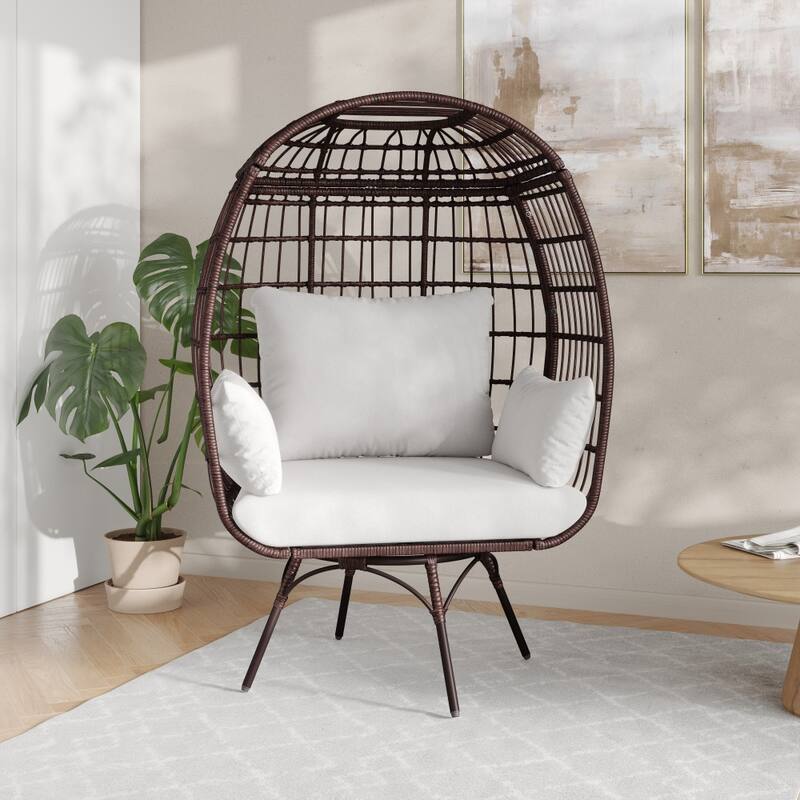 Commercial Indoor/Outdoor Wicker Swivel Lounge Chair with 4 Cushions - Cream Cushions/Brown Frame