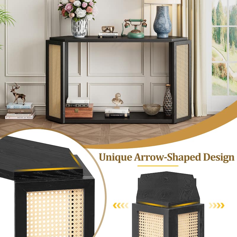 Narrow Console Table with Hexagon Top Design and Rattan Accent, 53.54" Solid Wood Entryway Sofa Table with Open Bottom Shelf