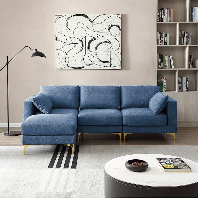 92'' Fabric L-Shape 3-Seater Sofa with Ottoman, Gold Metal Legs, and Toss Pillows